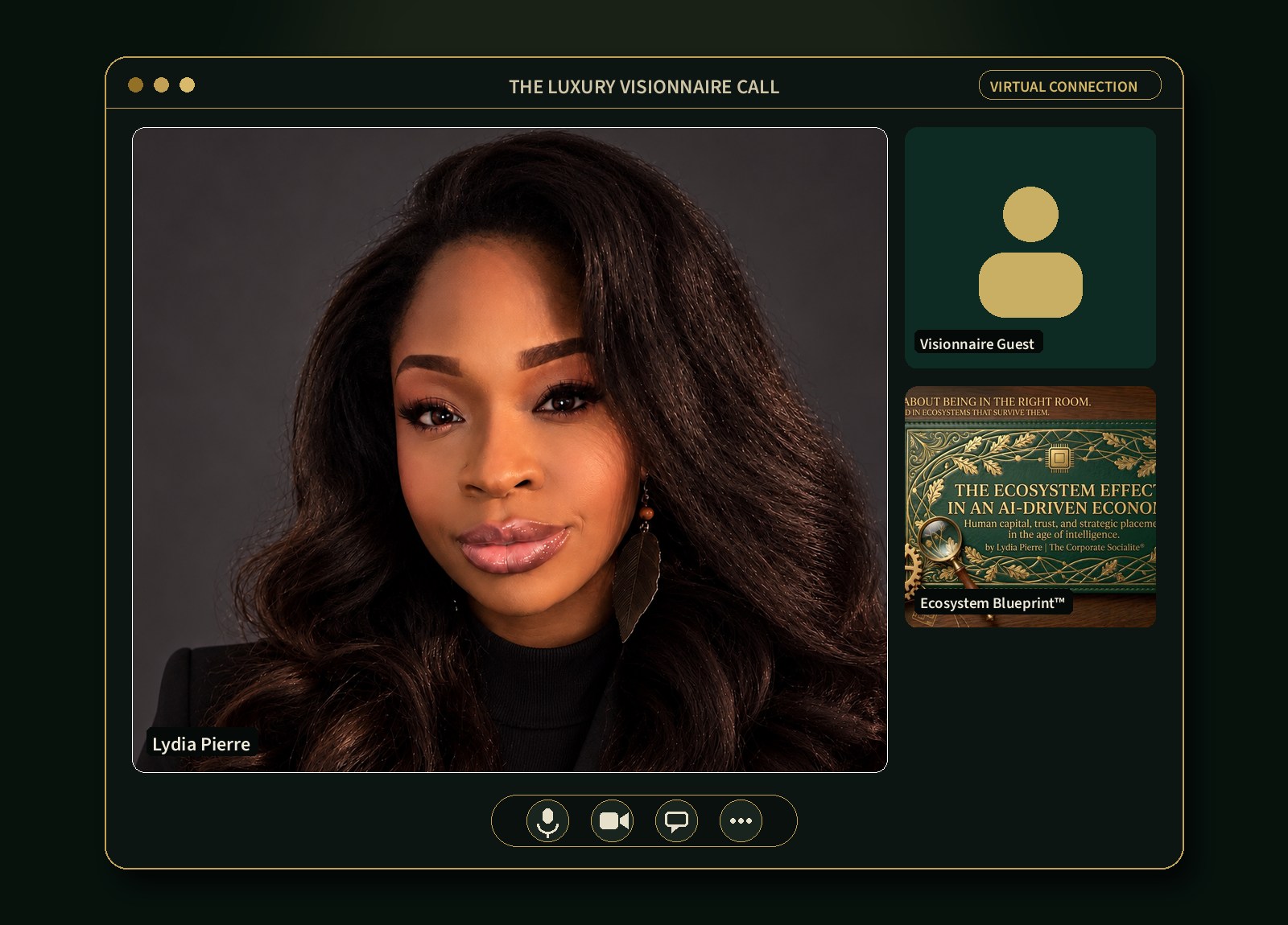 Lydia Pierre leading a virtual Luxury Visionnaire call, with a guest tile and her Ecosystem Blueprint shared on screen